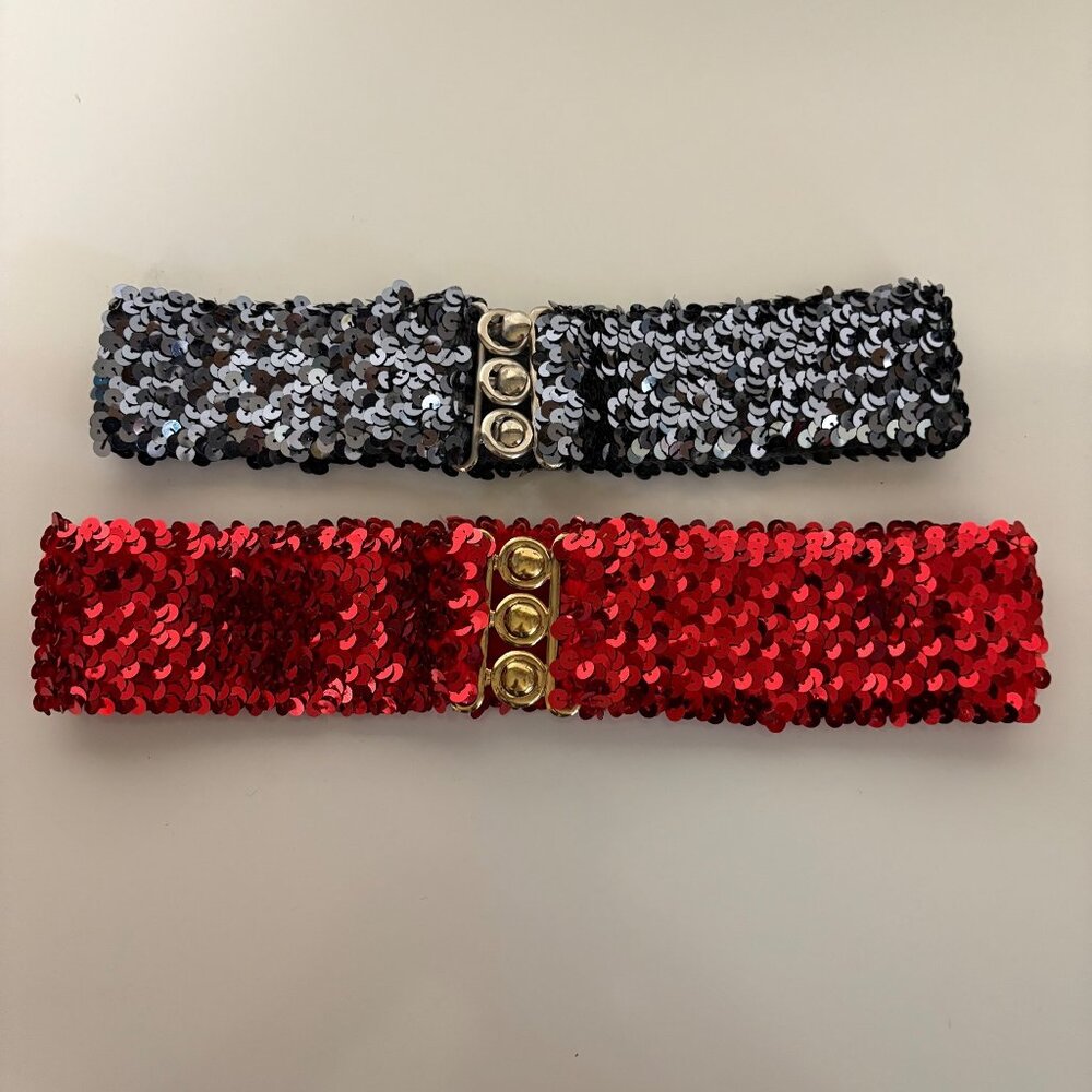 Two Women Glitter Sequin Belts Stretchy Sparkly Cinch Belt Disco Party Costume